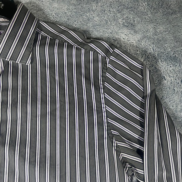 Bugatchi Uomo Mens Shaped Fit Button Down Shirt Black Purple Striped Long Sleeve - Picture 4 of 16